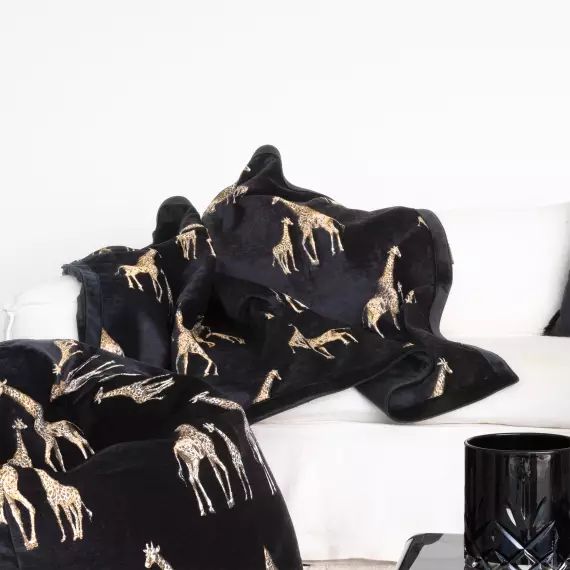 Plaid en velours noir avec girafes brodées