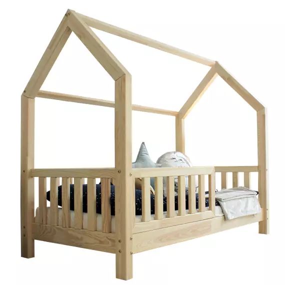 Lit cabane 90×200 barrière et sommier inclus pieds 10 cm naturel