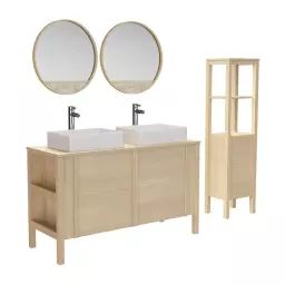 Ensemble double vasque chêne 130 cm +vasque+robinet+miroir+colonne