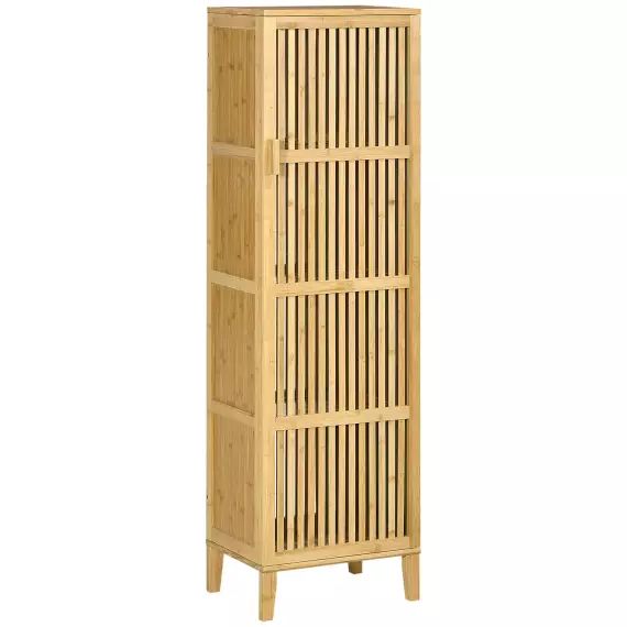 Buffet porte 4 niveaux 3 étagères façade à lattes bois de bambou verni