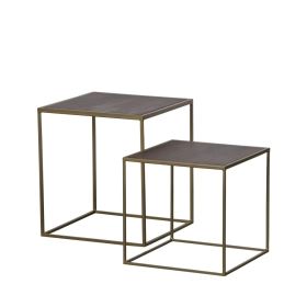 2 tables basses gigognes carrées en métal et bois laiton