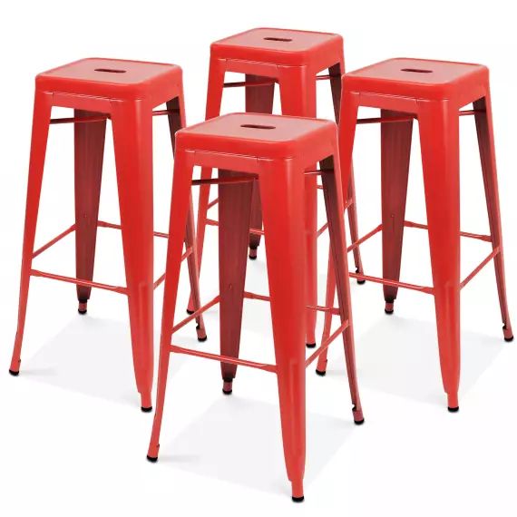 Lot de 4 tabourets de bar en acier rouge mat