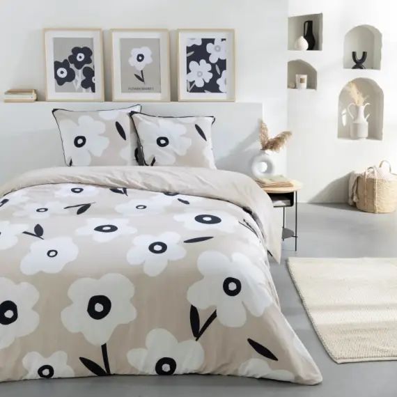 Parure de lit 2 personnes coton  imprimé beige 260x240cm
