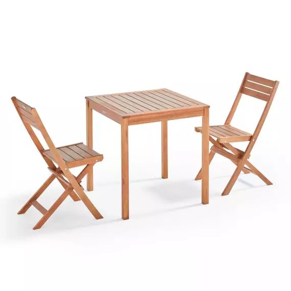Ensemble table et 2 chaises pliantes en bois d’eucalyptus
