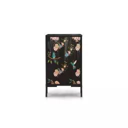 Table de chevet en MDF imprimé florale sur fond noir colibri