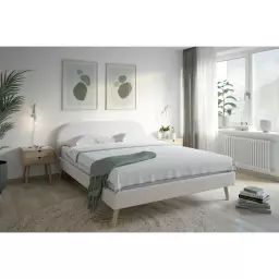Cadre de lit MOBY scandinave avec tête de lit et sommier à lattes en tissu bouclette – Blanc – 153 x 203 x 89 cm – Usinestreet