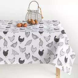 Nappe en coton biologique antitâche imprimée poules 140×300 cm