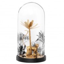 Statuette singe et palmier dorés sous cloche en verre imprimé H22