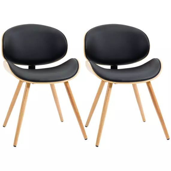 Lot de 2 chaises vintage bois revêtement mixte synthétique tissu noir