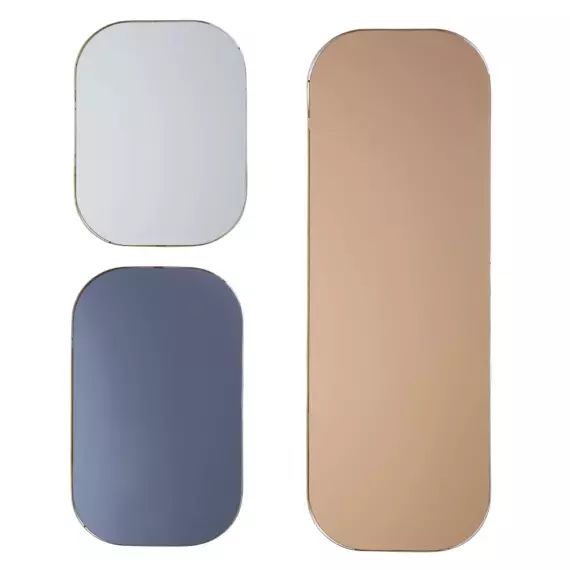 Ensemble de 3 miroirs teintés rose, noir et gris, encadrement en métal doré