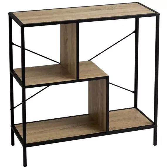 Console d&rsquo;entrée en bois et métal noir 3 plateaux 80x30x80cm