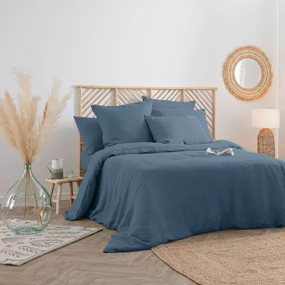 Housse de couette en 100% lin bleu canard 260 x 240