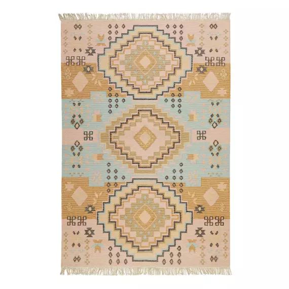 Tapis ethnique tissé plat laine et coton multicolore pastel 80×150