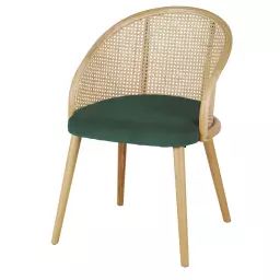Chaise avec accoudoirs en velours vert cannage en rotin coloris naturel