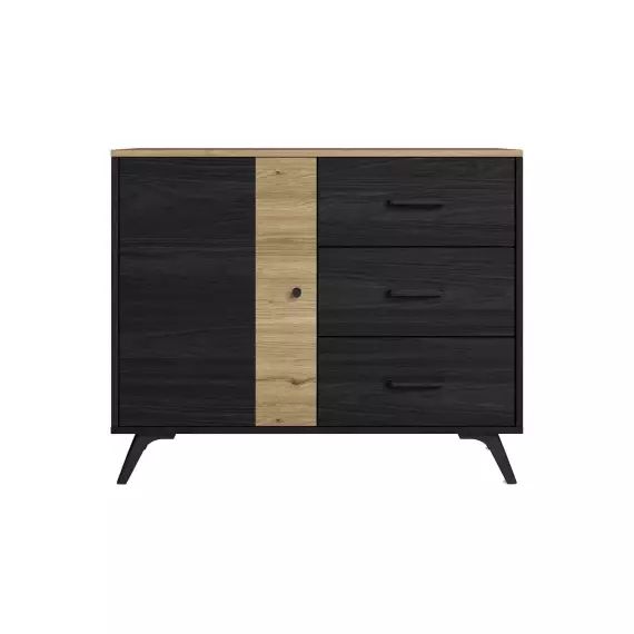 Buffet 1 porte 3 tiroirs TEXAS coloris noir bocamina/naturel