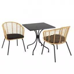 Salon de jardin 2 pers. – 1 table carrée 70cm et 2 fauteuils beiges