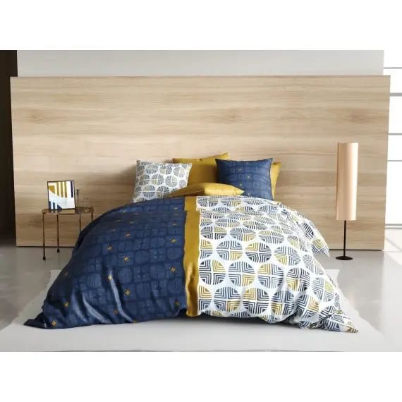 Parure housse de couette coton bleu 240×260 cm