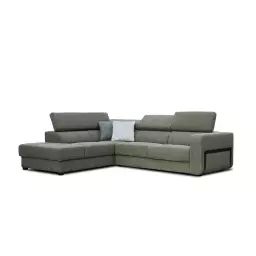 Canapé d’angle gauche 5 places en tissu vert avec coussins déco