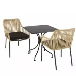 Salon de jardin 2 pers – table carrée 70cm et 2 fauteuils beiges/noirs