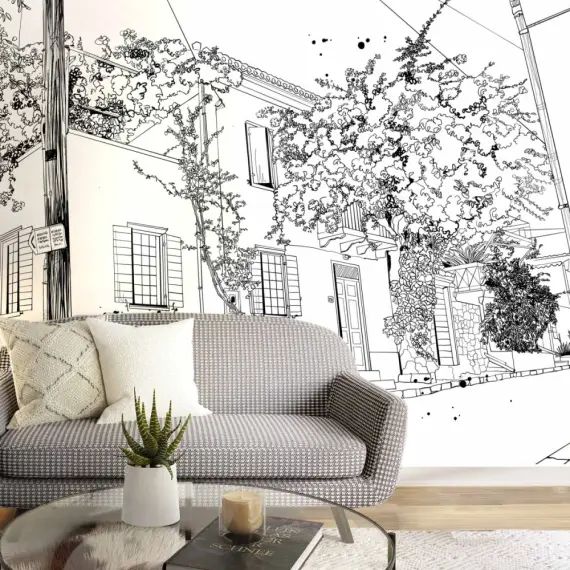 Papier peint panoramique village en fleurs 450 x 250 cm noir et blanc