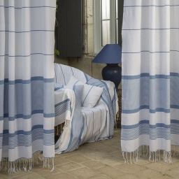 CARTHAGE – Rideau ajustable 100% coton blanc et bleu 140 x 250 à 280