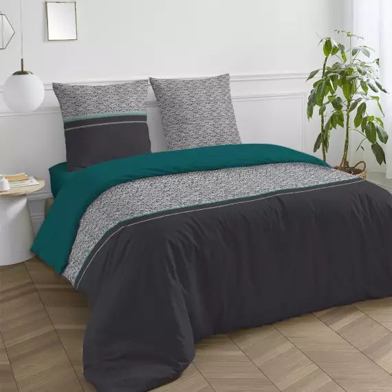 Parure de lit + drap house polycoton 51 fils noir et bleu 240x220cm