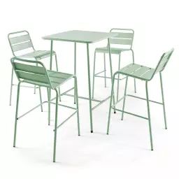 Ensemble table de bar et 4 chaises hautes en métal vert sauge