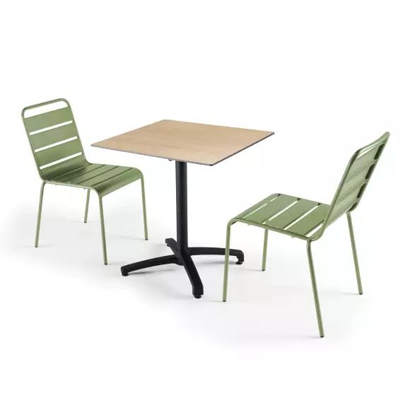 Ensemble table de jardin stratifié chene naturel 2 chaises vert cactus