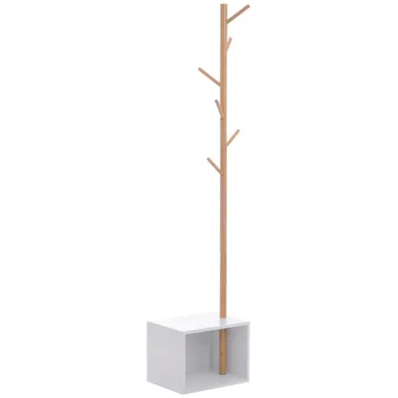 Meuble rangement porte-manteaux 2 en 1 blanc bois bambou