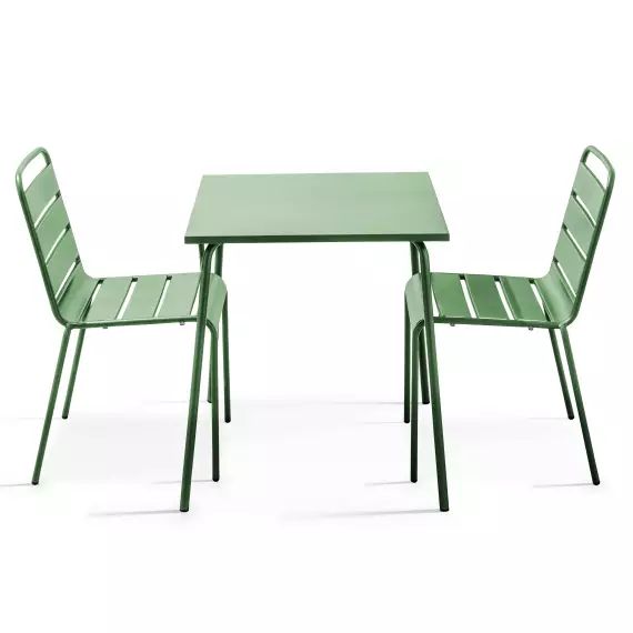 Ensemble table de jardin carrée et 2 chaises acier vert cactus