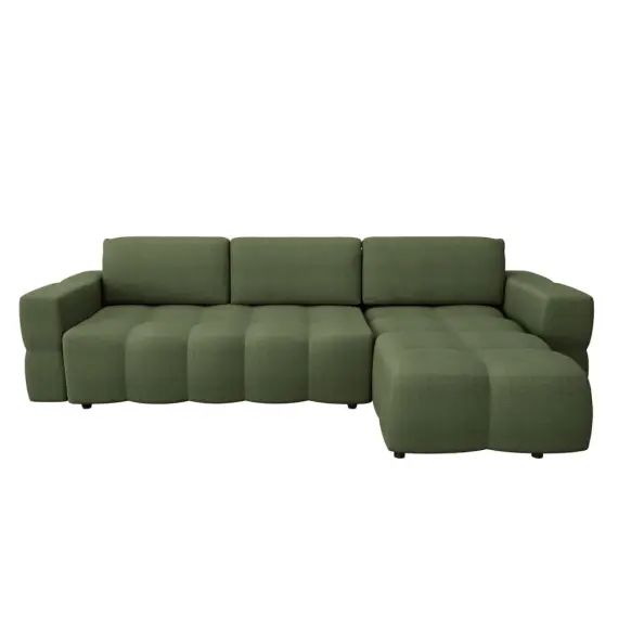 Canapé d&rsquo;angle droit convertible coffre tissu tramé vert 260cm