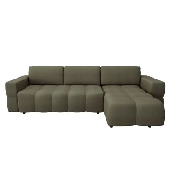Canapé d&rsquo;angle droit convertible coffre tissu tramé vert 260cm