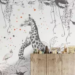Papier peint enfant panoramique enfant scène girafes – 250×425
