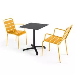 Ensemble table de jardin stratifié noir et 2 fauteuils jaune