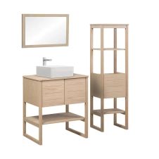 Meuble de salle de bain avec colonne, vasque, miroir effet bois clair