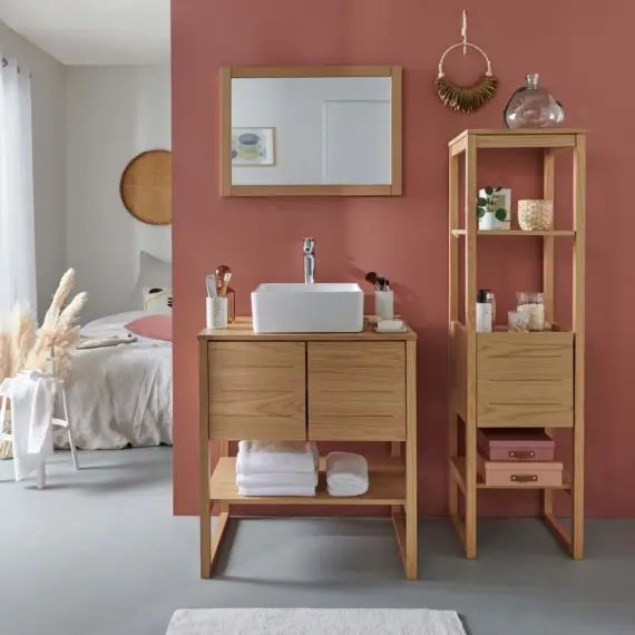 Meuble de salle de bain avec colonne, vasque, miroir effet bois clair