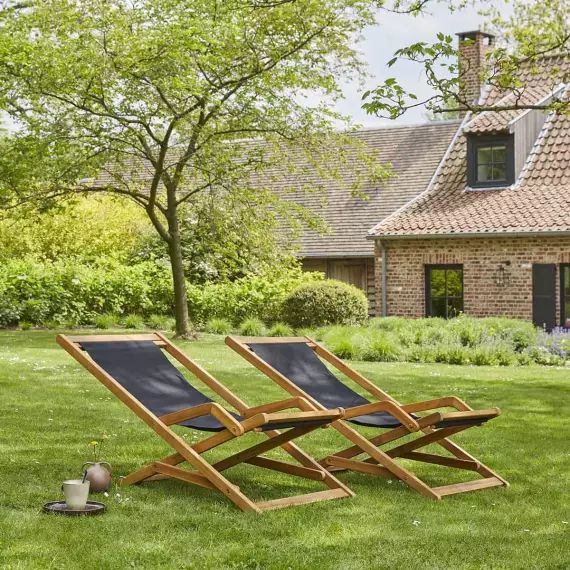 Lot de 2 transats en bois d&rsquo;acacia et tissu noir HANOÏ