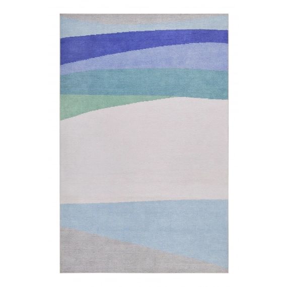 Tapis plat graphique bleu coton recyclé pour chambre, salon 130×190