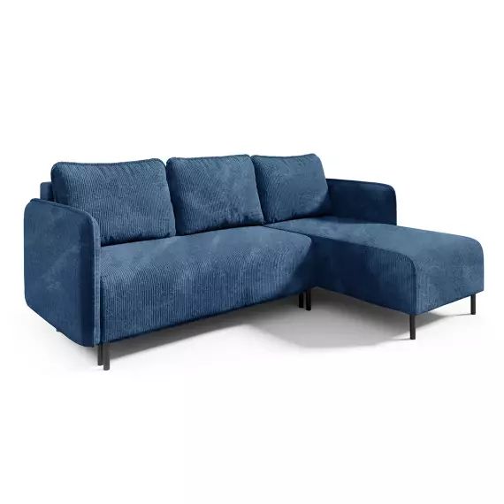 Canapé d’angle 3 places velours côtelé bleu