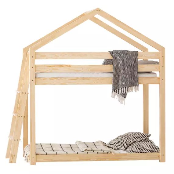 Lit cabane superposé 90×190 sommier inclus naturel