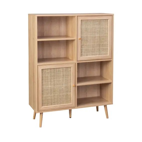 Buffet de rangement cannage et effet bois 4 portes