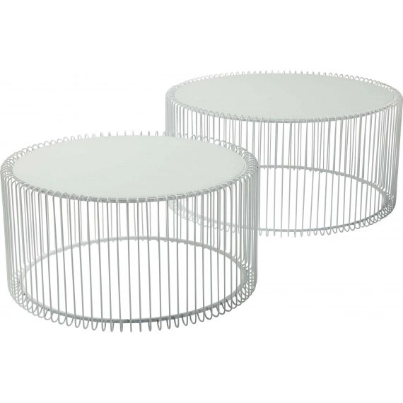 2 tables basses rondes en acier blanc et verre