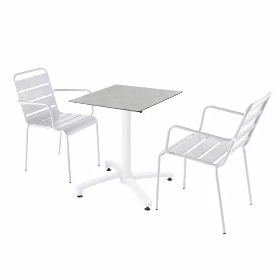 Ensemble table de jardin stratifié béton et 2 fauteuils blanc