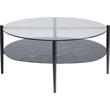 Table basse en verre effet marbre noir et acier