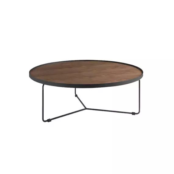 Table d’appoint circulaire plaqué noyer sur structure en acier  noir