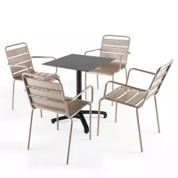 Ensemble table de jardin stratifié ardoise gris et 4 fauteuils taupe