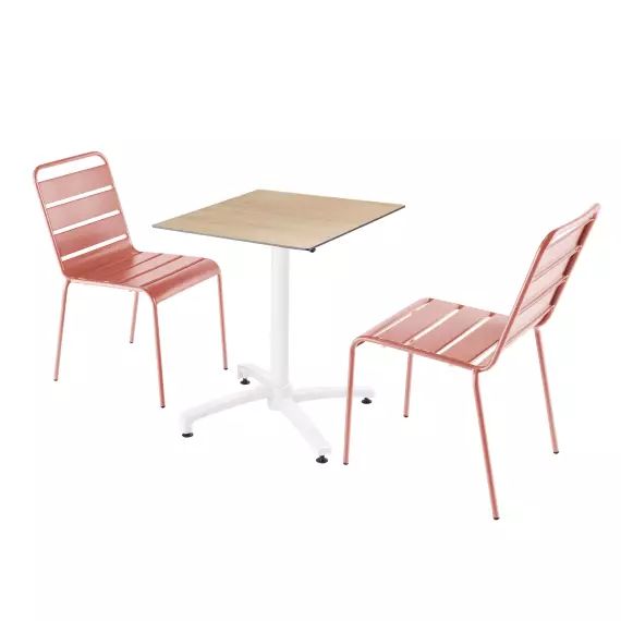 Ensemble table de jardin stratifié chêne et 2 chaises argile