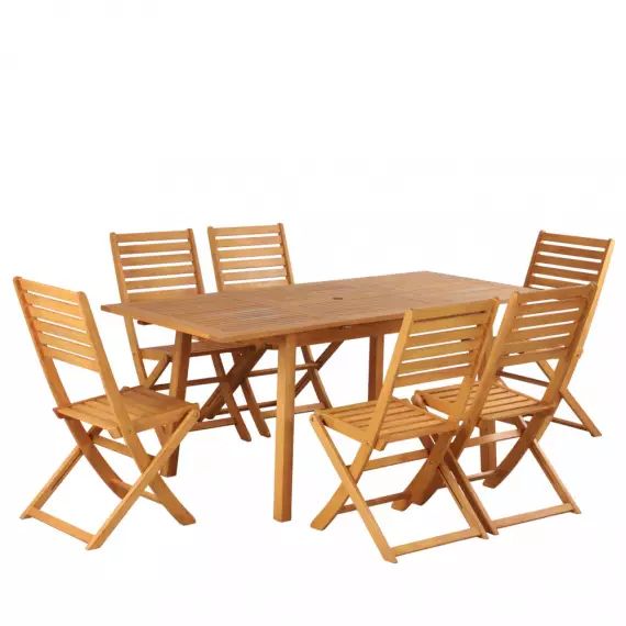 Soili – Ensemble de jardin 1 table extensible et 6 chaises en bois d’eucalyptus – Couleur – Bois clair