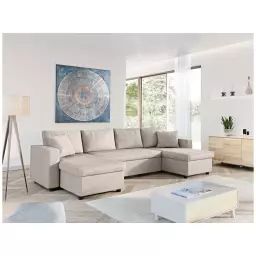 Canapé d’Angle Panoramique MARIA Convertible en tissu – Beige – 295 x 146 x 85 cm – Usinestreet