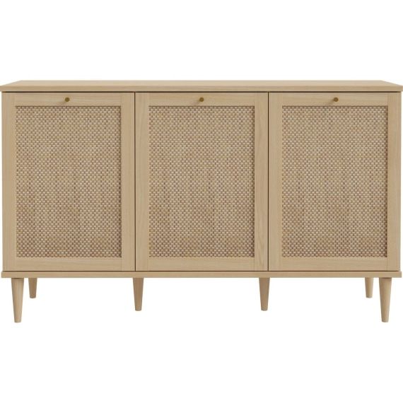 Buffet 3 portes en cannage et effet chêne 150 cm